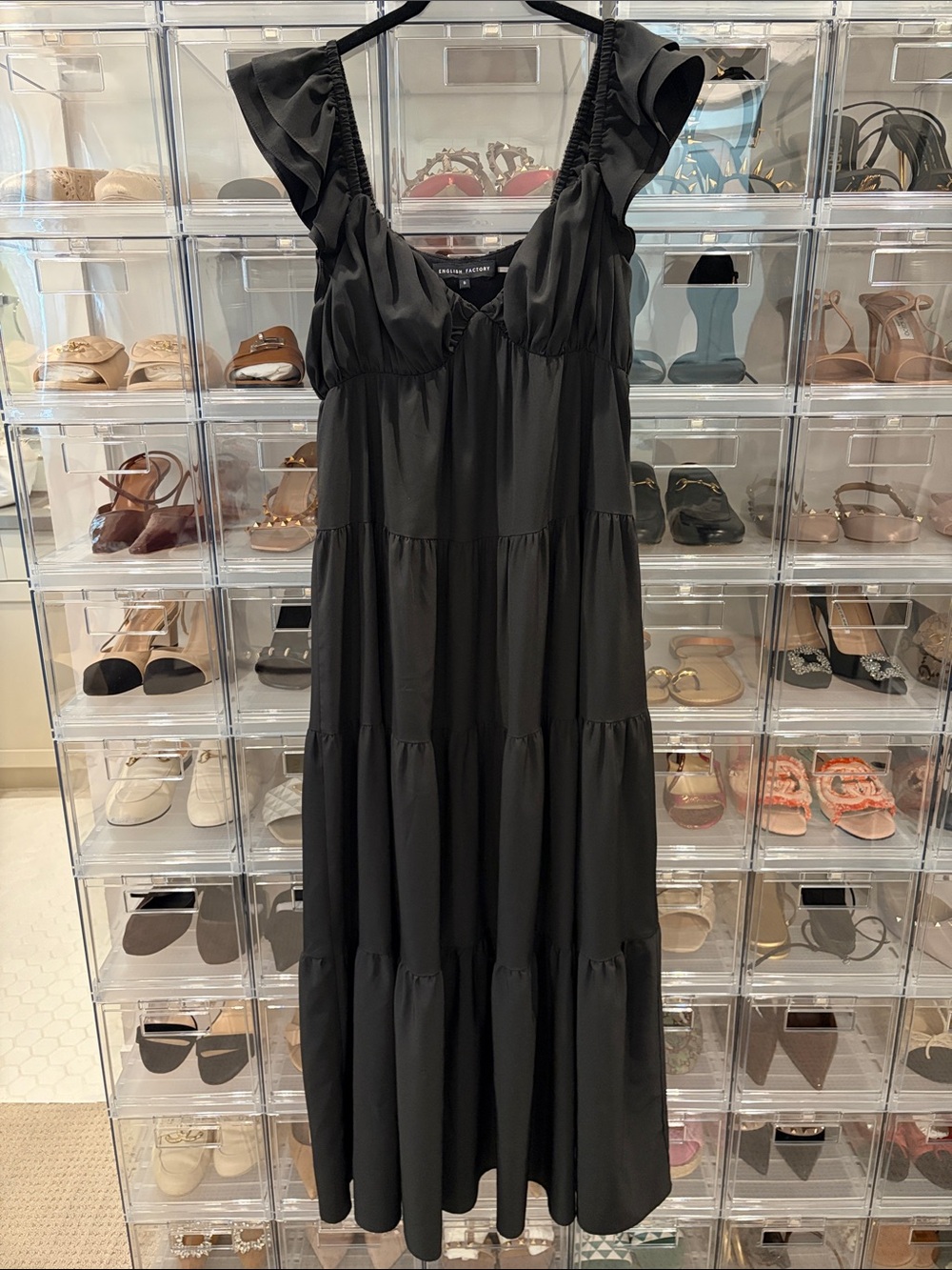 English Factory Black Tiered Ruffle-Sleeve Maxi Dress- small